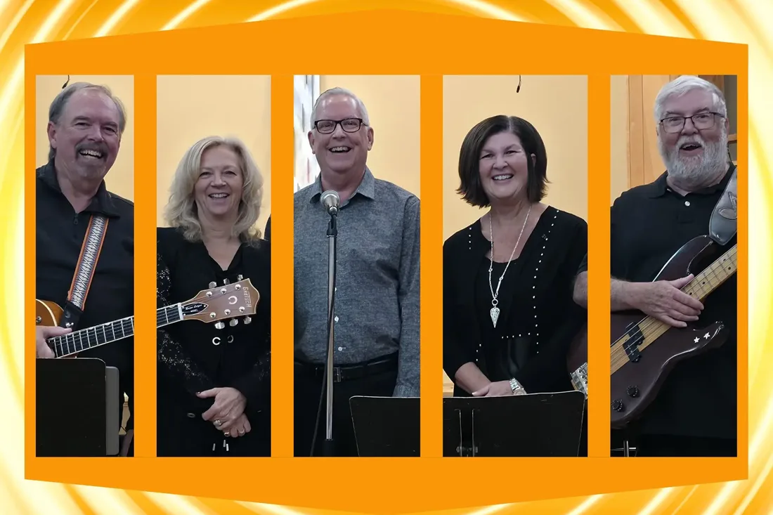 The five members of Praise B with their guitars and microphone